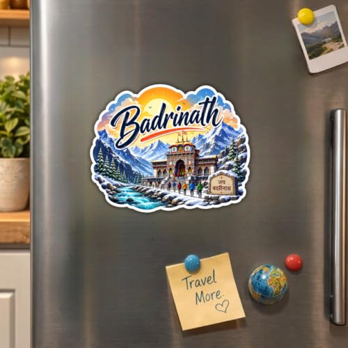Image of Badrinath Theme Souvenir Wooden Fridge Magnet for Refrigerator - Printed Fridge Magnet for Kitchen & Fridge Decor | Perfect Souvenir Gift | Fridge Decoration | Size 3x3 Inches | Pack of 1