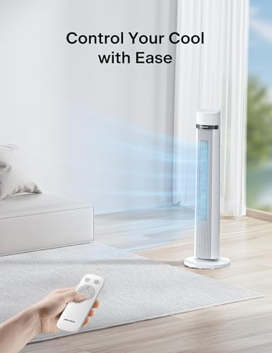 Image of PELONIS 40 inch Bladeless Tower Fan for Bedroom, Standing Fan with Remote Control, 26ft /s, 90 Oscillation, 3 Speed Settings, 27dB, 3 Modes, 15-Hour Timer, LED Display, Fan that Blows Cold Air, White