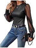 WDIRARA Women's Faux Leather Sheer Puff Long Sleeve Slim Top PU Crew Neck Blouse Dark Black Large