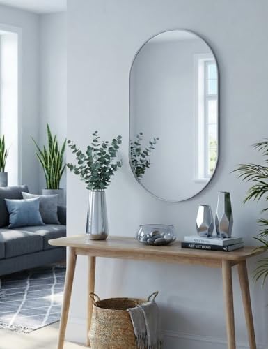 GreyZouq Large 70cm x 50cm Oval Wall mounted Mirror, Elegant Framed contemporary Decor for Bathroom, Bedroom & Living Room. Horizontal or vertical hanging. (Silver) - Image 3