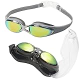 Bezzee-Pro Color Mirrored Silicone Eye Cups Lens Adult Swim Goggles with Goggle Case, Nose Clip and Ear Plugs, Silver
