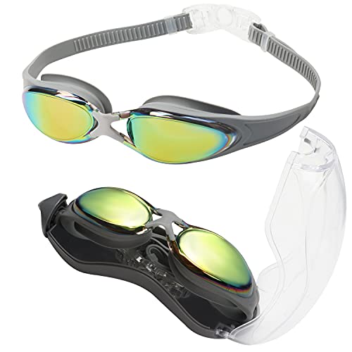 Bezzee-Pro Swimming Goggles for Adult Men and Women - UV Protected - Anti-Fog Unisex Swim Goggles (Silver/Colored Mirror)