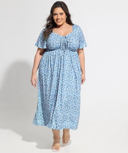 CARCOS Plus Size Dresses for Curvy Women Tie Sweetheart Neck Summer Maxi Dress Short Sleeve Empire Waist Floral Boho Dress2