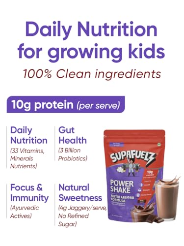 Image of Power Shake Kids 8-12 yrs (3 x 400g) | Height & Strength Drink | 10g Protein, 33 Nutrients, Probiotics & Ayurvedic Actives| Daily Nutrition Drink supports Growth, Focus & Energy | Chocolate 1200 g | Safe Nutrition Drink For Kids