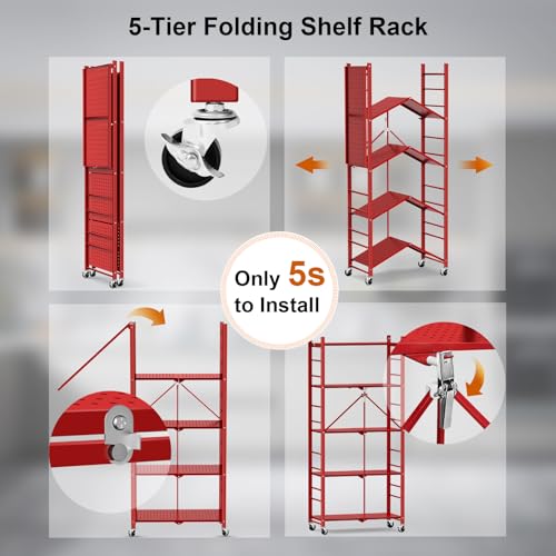 Image of Himix 5-Tier Foldable Storage Shelf 20 Hooks Wheels Garage Red No Assembly