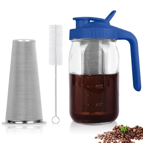 Image of Cold Brew Coffee Maker, 32oz Cold Brew Pitcher with Stainless Steel Super Dense Filter,BPA Free Sturdy Mason jar for Iced Coffee,Iced Tea, Lemonade-Blue