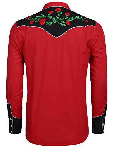Coofandy Men's Floral Shirts Embroidered Long Sleeve Western Cowboy Casual Work Shirt (Red,Medium) #TOP3