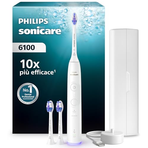 Philips Sonicare 6100, spazzolino sonico con 2 modalità di spazzolamento e 3 livelli di intensità, avviso di pressione, EasyStart, SmarTimer, custodia da viaggio, bianco, HX7400/02 [Nuova tecnologia]