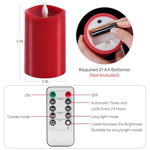 Image of 1PCS, 3 x 5 inches Flameless Candle with Remote Control, 3D Flickering Wick, Real Wax Pillar LED Candles, Battery Candles,with Timer,for Holiday Home Decor, Red