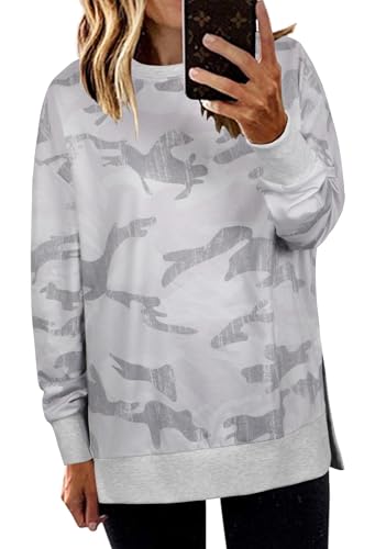 ECOWISH Women Side Split Sweatshirt: Fall Crewneck Long Sleeve Oversized Camo Shirts Casual Camouflage Print Pullover Tops 017 Grey S