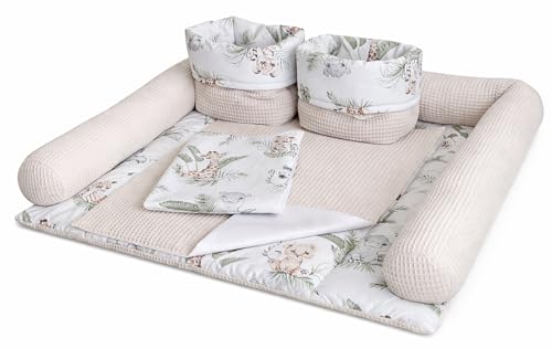 Wickelauflage Set 6-teilig Wickelunterlage aus Baumwolle & Waffelstoff Baby Wickelauflage Geschenk zur Babyparty Wickeltischauflage 75x72 cm (Breite x Tiefe) Safari und hellbeige