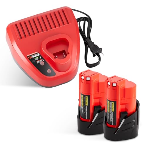 2-Pack 12V 3.0Ah Replacement Battery+Charger Kit Compatible with Milwaukee m-12 Battery and Charger 48-11-2401 48-11-2402 48-11-2420 48-11-2425 48-11-2430 48-11-2440 48-11-2450 48-11-2460 48-59-2401