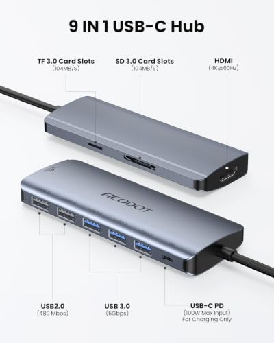 Image of USB C Hub, 9-in-1 USBC to HDMI Splitter with 4K Display 100W Max PD,3 USB3.0(5Gbps) + 2 USB2.0 Data Ports, SD /TF Card Reader, for MacBook, MacBook Air, iPad Pro, Dell, HP, Lenovo, Windows Laptop