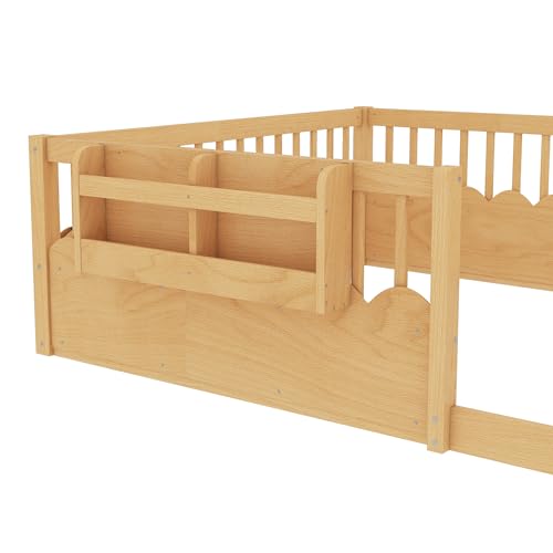 Image of Bellemave Queen Size Kids Montessori Floor Bed,Solid Wood Floor Bed Frame with Bookshelf and High Fence for Kids,Girls,Boys,Natural