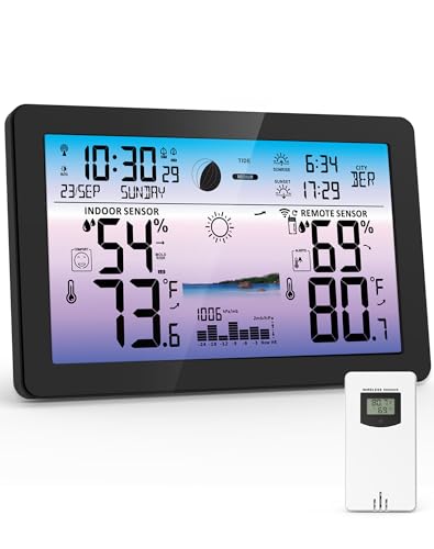 Zivron Weather Station Wireless Indoor Outdoor, Digital Thermometer with Accurate Temperature & Humidity, Large Color HD Display with Remote Sensor, Weather Forecast, Atomic Clock, Moon Phase