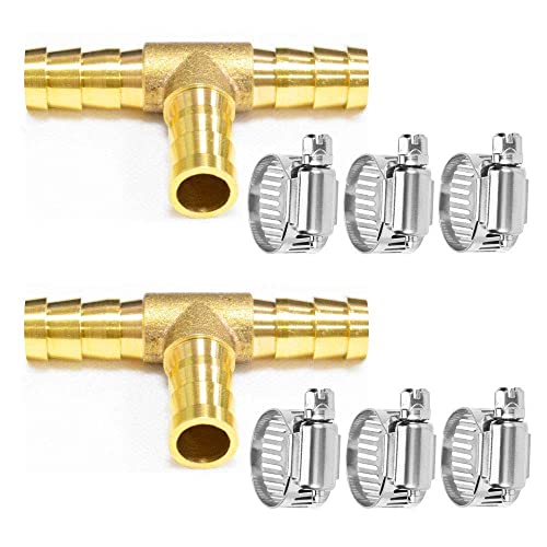 Da by 2 pcs 1/2" (13mm) Brass Tee Barb Fittings for 13mm ID Hose, 6 pcs Stainless Steel Pipe Clamps, 3 Way Union Intersection for Water/Fuel/Air(T)