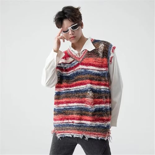 Mens Vintage Gradient Stripe Baggy Knitted Vest Washed Ripped Sweater Tank Top V-Neck Sleeveless3