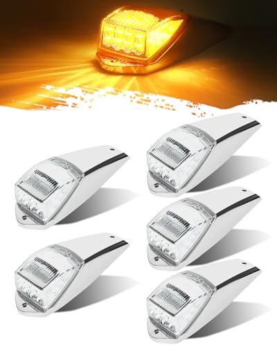 ASNOO 5PCS 17 LED Truck Cab Marker Light | Amber Top Roof Running Lights w/Chrome Base | Truck Trailer Light for Freightliner Kenworth Peterbilt Mack Autocar Hayes 3 Lens Options - Amber/Smoke/Clear
