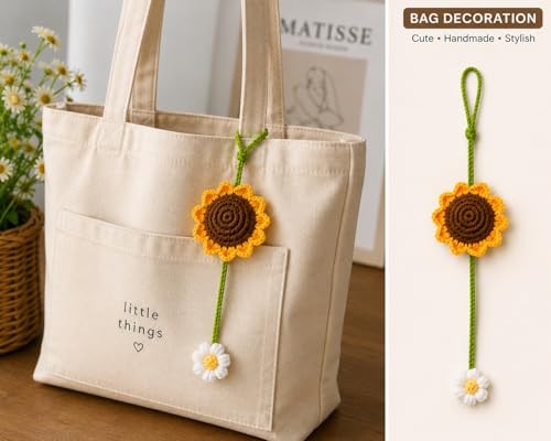 Image of SATYAM KRAFT 1 Pc Artificial Sunflower Crochet Hanging Ornament for Home Decor | Handmade Sunflower Car Mirror Hanging Accessory | Crochet Flower Car Dashboard Decoration | Home, Window, Door