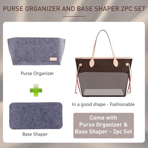Image of Doxo Purse Organizer Insert for Handbags & Base Shaper 2pc Set, Felt Neverfull MM Organizer Insert, Tote Bag Organizer with Zipper Pocket and Bottle Holder, Fit Speedy 30 Neverfull MM and More,Gray-L