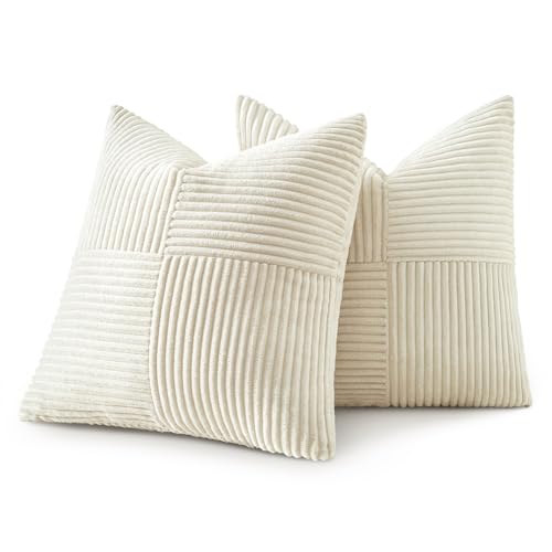 MIULEE Cream Cushion Covers 50 x 50, Pillow Cases 2 pack Corduroy Square Patchwork Sofa Couch Cushions with Hidden Zip,20x20 inch Cushion Cover Boho for Living Room Sofa Bed Home Decoration - Image 6