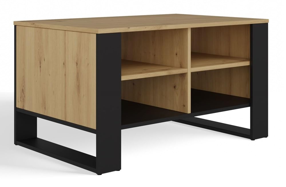 CDF Table Basse Moderne Roble Artisan Noir 90 x 58 x 50 cm Rangement Salon Design Industriel Meuble rectangulaire étagères Bois ingenierie Stable avec 4 Niveaux de Rangement Ouverts