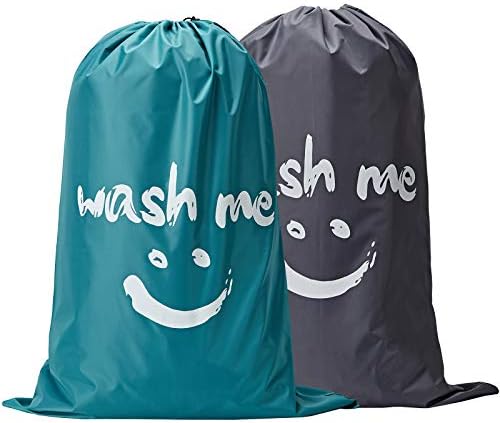 NICOGENA Wash Me Laundry Bag 2 packs, 28x40 inches Rips & Tears Resistant Large Dirty Clothes Storage Bag, Machine Washable, Heavy Duty Laundry Hamper Liner for College Students, Sky Blue&Gray