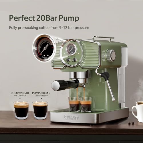 Image of SUMSATY Espresso Machine 20 Bar, Retro Espresso Maker with Powerful Milk Frother Steam Professional Expresso Machine for Home with 61oz Water Tank Cappuccino & Latte Maker, Green