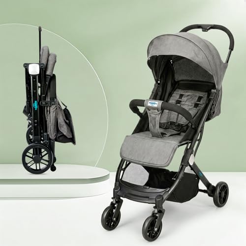 Image of Amazon Brand - Supples Baby Stroller for Newborns & Toddlers 0-3 Years | Auto Fold Travel Cabin Trolley Pram | Adjustable Backrest, 5-Point Safety Harness, 360 Wheels | Grey