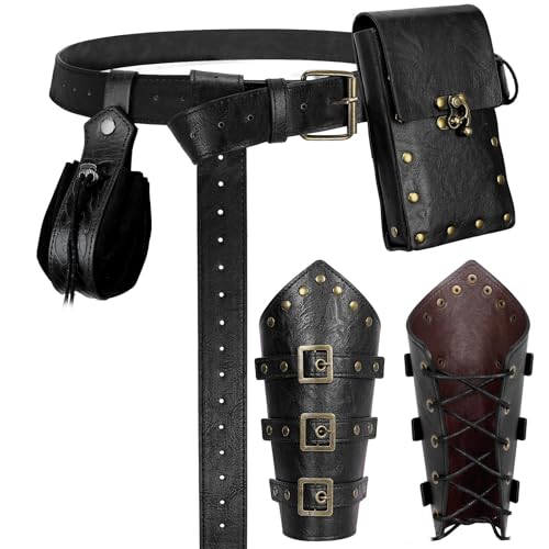 Image of Renaissance Belt Pouch Medieval Viking Leather Bracers Set for LARP
