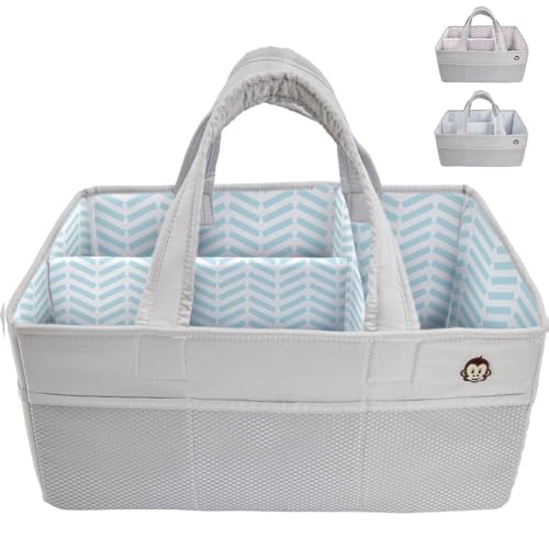 Image of MIGHTY MONKEY Oversized Stain Resistant Baby Diaper Caddy Organizer with Handle, Adjustable Mesh Storage Bin Compartments for Diapers, Baby Wipes, Newborn Changing Table Nursery Essentials, Gray Blue