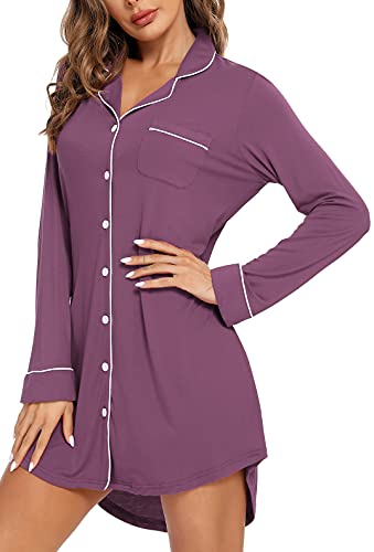 Image of Samring Nightgown for Women Long Sleeve Button Down Night Gown Boyfriend Nightdress Sleep Shirts