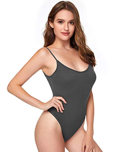 Verdusa Women's Open Back Spaghetti Strap Sleeveless Bodycon Cami Bodysuit Tops Dark Grey XS