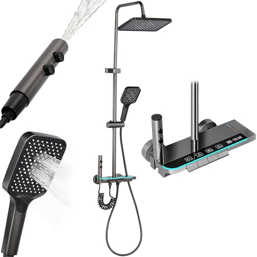 Altaudia Columna de Ducha Termostática con Pantalla LED   4 Vías Agua (Lluvia 30×20cm, Teleducha, Spray 3 Modos, Chorro) Material Inox/ABS, Izq. Caliente/Der. Fría, Altura Regulable (Negro)