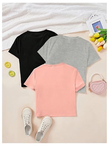 SweatyRocks Girl's 3 Pack Floral Graphic Tees Crew Neck Short Sleeve T Shirt Tops2