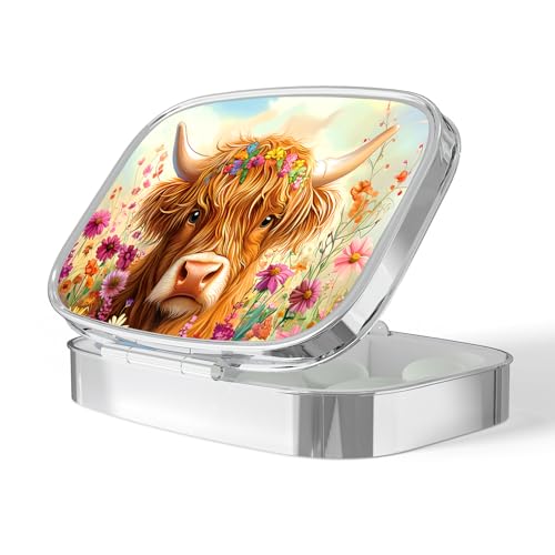 Image of Pill Box-2 Compartment Small Pill Case Portable for Pocket & Purse Single Pill Carrier Pill Container to Hold Vitamins Medication Fish Oil and Supplements BPA-Free(Highland Cow)