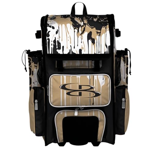 Boombah Superpack Hybrid Rolling Bat Bag - Wheeled & Backpack Version - Graffiti Drip Black/Vegas Gold/White