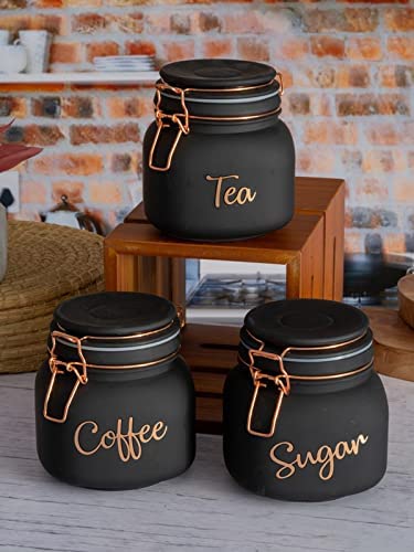 Image of DC Green Kivi PACK OF 3 ,Black Color Glass containers ,Tea, Coffee & Sugar printed on it ,Capacity 800 ml With Air Tight Cap
