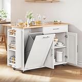 LotaTools 53.9" Rolling Kitchen Island Cart with Drop Leaf & Storage - Mobile Kitchen Organizer with Wheels, Rubberwood Top, Trash Bin Cabinet & Towel Rack, White Farmhouse Style for Small Spaces