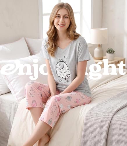 Image of ENJOYNIGHT Womens Pajama Sets Cotton Pj Set Short Sleeve Top With Capri Pants Sleepwear 2 Piece Lounge Set