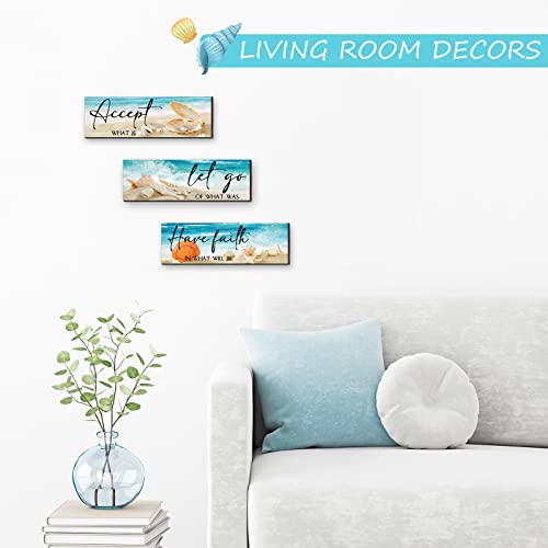 3 Pieces Ocean Inspirational Wooden Wall Decors Accept Let Go Have Faith Quotes Motivational Bedroom Hanging Decor Seashell Starfish Wooden Sign for Bathroom Washroom Bedroom (15.8 x 5.2 x 0.2 Inch) - Image 5