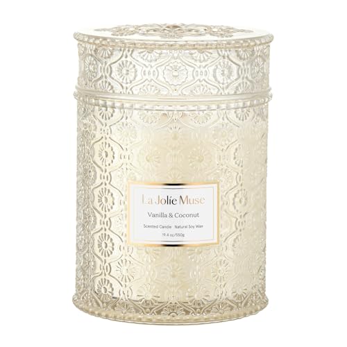 La Jolie Muse CA1107WA-COZYHOMEWARE Vanilla Coconut Candle, Wood Wicked Candles For Home Scented, Natural Soy Wax, Large Glass Jar Candle cover