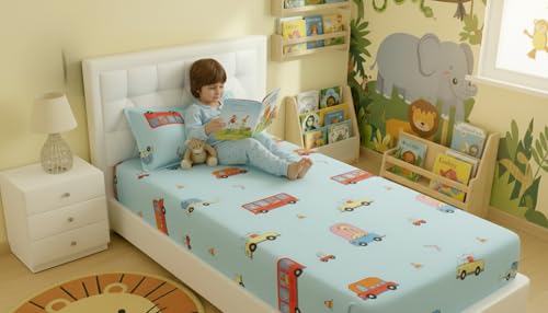 Image of Filymore Kids Single Bed Sheet Set - Cartoon Bus Theme, 240 TC Soft Microfiber, Includes 1 Pillow Cover, Single Bed Bedspread (90x60 in), Sky Blue and Red Colour