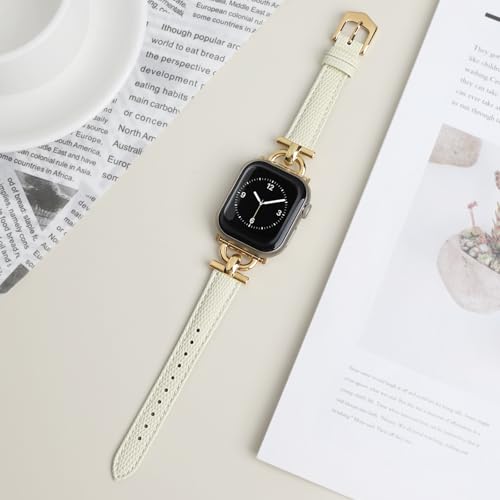 Image of Leather Band Compatible with Apple Watch Bands for Women, Dressy Fancy Strap for iWatch Series 11 /10 /9 /8 /7 /6 /5 /4 /3 /2 /1 /se /Ultra /Ultra 2(49mm 46mm 45mm 44mm 42mm,Milky White /Gold)