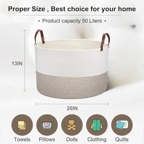 Image of Extra Large Laundry Basket 20 inchx 20 inch x 13 inch Living Room Woven Storage Kids, Cotton Rope Basket with Leather Handle for Blanket Toys Pillow Organization, Kids Nursery Gift, White & Brown