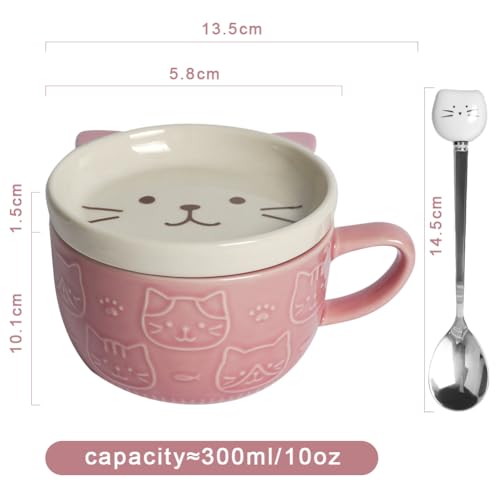 HOTUT Cute Kawaii Pink Cat Coffee Mugs with Lids, Cute Animal Coffee Tea Cup Saucer Set, Kawaii Ceramic Mugs with Biscuit Holder and Spoon, Funny Novelty Cat Breakfast Mugs for Girls Friend Kids Wife - Image 3