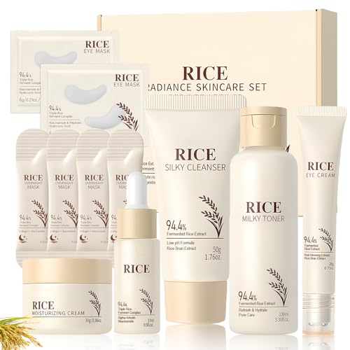 Riso Skincare Coreana, Skin Care Coreana Set Completo, Kit Skincare Viso Completo,con Detergente viso, Maschera Coreana, Maschera Occhi,Rice Toner, Crema Visos, Contorno Occhi, Siero Visos, 11 Pezzi