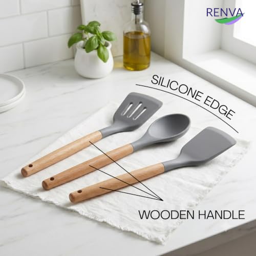 Renva Big Silicone Spatula Set of 3 with Wooden Handle (Grey, 3) thumbnail 19