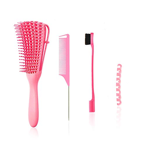 Detangling Brush Set for Curly|EZ Detangler Brush|Afro America Textured 3a to 4c Kinky Wavy for Wet/Dry/Oil/Thick/Long Hair|4 Pieces|(Pink)