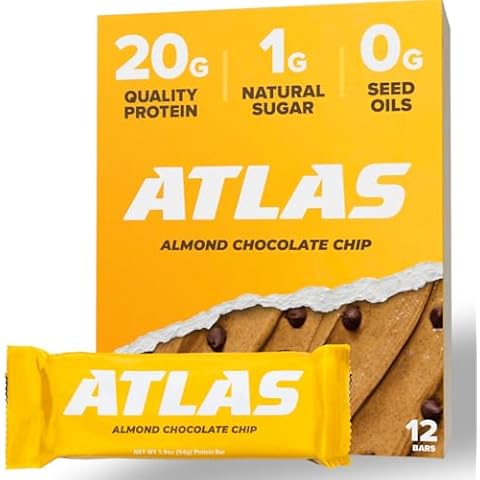 Atlas Protein Bar, 20g Protein, 1g Sugar, Clean Ingredients, Gluten Free (Almond Chocolate Chip, 12 Count (Pack of 1)) Cover